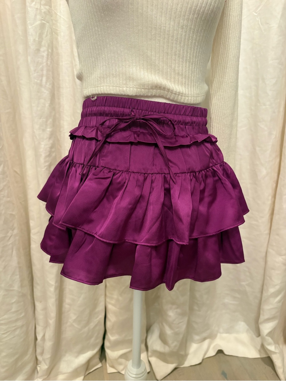 Ruffled Satin Mini Skirt in Violet with Adjustable Tie Waist